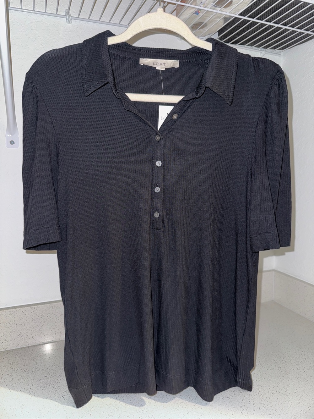 LOFT Black Ribbed Polo Button-Down Top with Short Sleeves